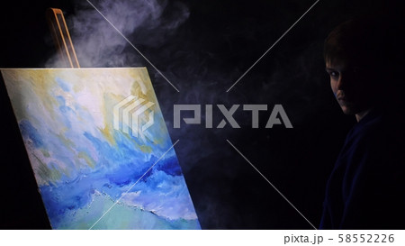 Artist copyist paint seascape with ship in ocean. Vaper smoke vape e-cigarette. Craftsman decorator 58552226