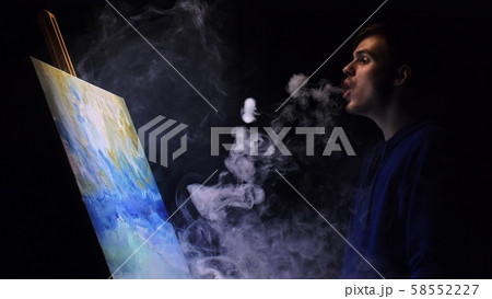 Artist copyist paint seascape with ship in ocean. Vaper smoke vape e-cigarette. Craftsman decorator 58552227