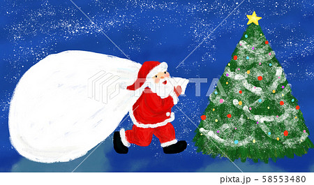 Santa Claus and a christmas tree at night 58553480
