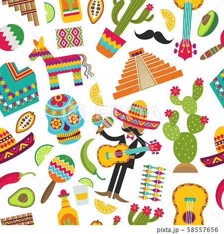 Mexican seamless pattern. Colored pictures of various mexican symbols 58557656
