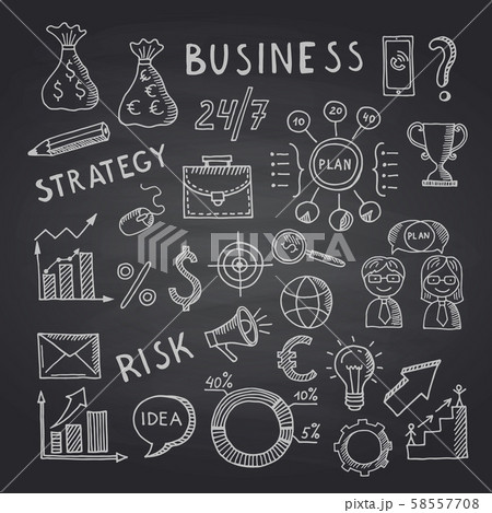 Vector business doodle icons on black chalkboard illustration 58557708