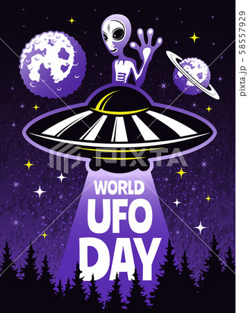 Retro poster concept for world day of ufo. Pictures of funny alien 58557929