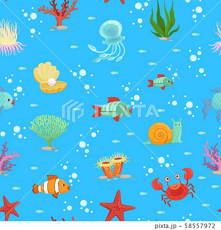 Vector cartoon underwater creatures and seaweed pattern or background illustration Vector cartoon underwater creatures and seaweed pattern or background illustration 58557972