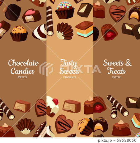 Vector vertical banners illustration with cartoon chocolate candies 58558050