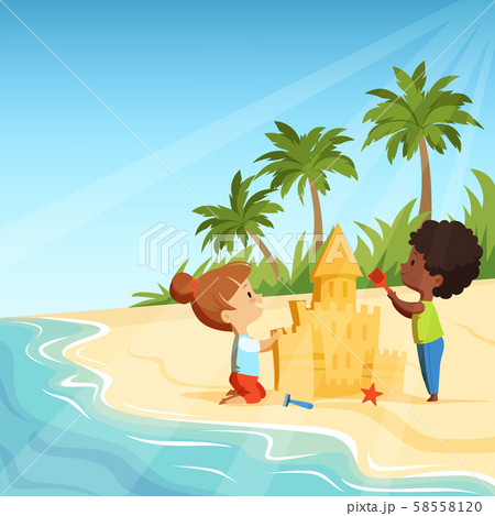 Summer beach and funny happy kids playing with sand castles 58558120