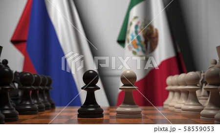 Chess game against flags of Russia and Mexico. Political competition related 3D rendering Chess game against flags of Russia and Mexico. Political competition related 3D rendering 58559053