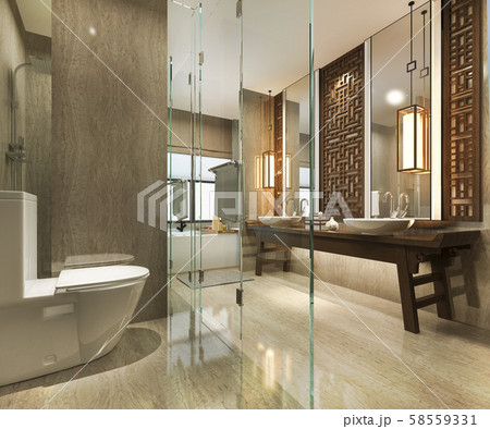 3d rendering modern bathroom with luxury tile and chinese wall decor  58559331