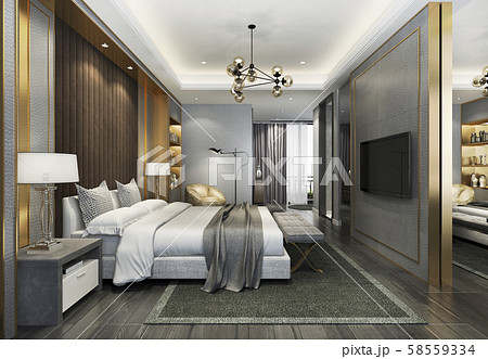 3d rendering beautiful luxury bedroom suite in hotel with tv and working table  58559334
