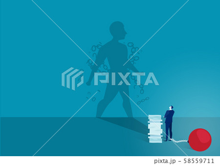 The businessman looks at his shadow. Shadow breaks the chain and free himself.. Business concept. Vector illustration The businessman looks at his shadow. Shadow breaks the chain and free himself.. Business concept. Vector illustration 58559711