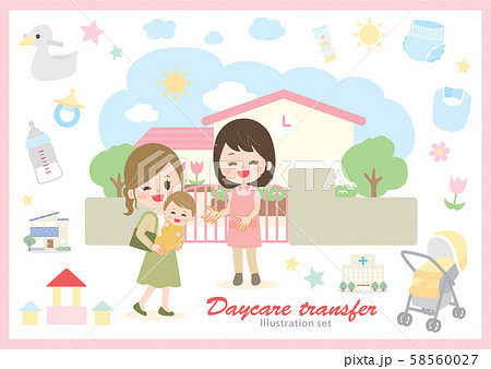 保育園 幼稚園 見送り 送迎 イラストセットのイラスト素材