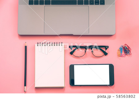 Flat lay design of workspace desk with laptop, Flat lay design of workspace desk with laptop, 58563802
