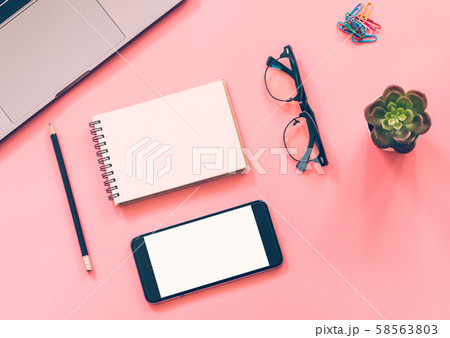 Flat lay design of workspace desk with laptop, Flat lay design of workspace desk with laptop, 58563803