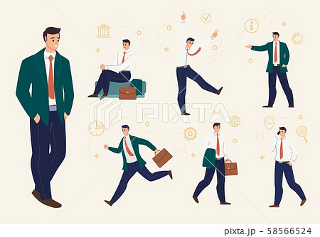 Young Businessman Work Situations Flat Vector Set 58566524