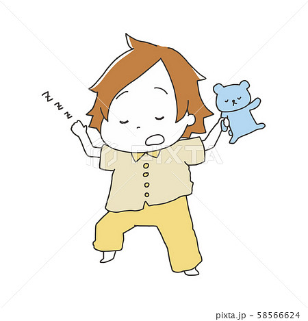 ぬいぐるみを持ちながらぐっすり眠っている女の子のイラスト素材