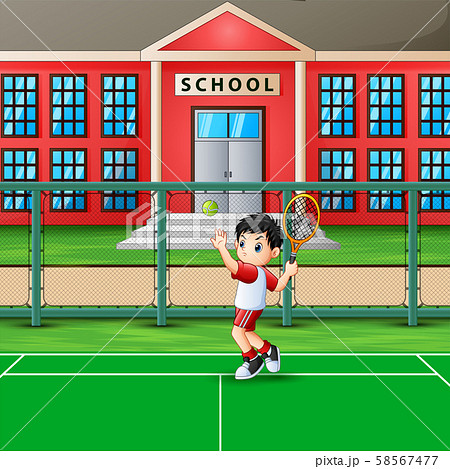 Happy boy playing tennis at school court Happy boy playing tennis at school court 58567477