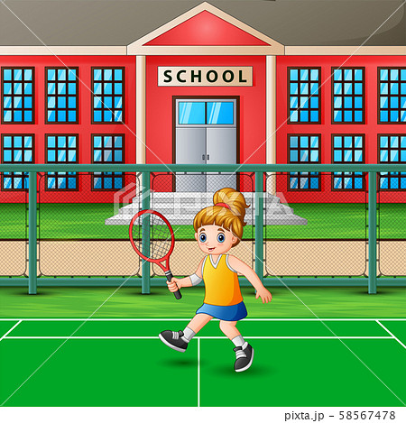 Happy girl playing tennis at school court Happy girl playing tennis at school court 58567478