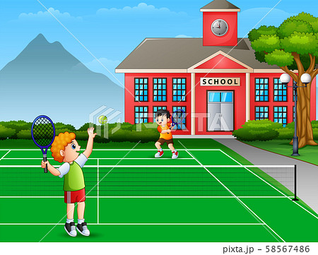 Featuring boys playing tennis at school court 58567486