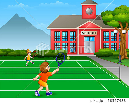 Featuring boy and girl playing tennis at school court 58567488