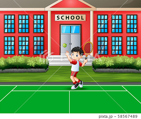Happy boy playing tennis at the court 58567489