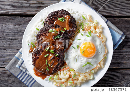 loco moco on a white plate, top view loco moco on a white plate, top view 58567571