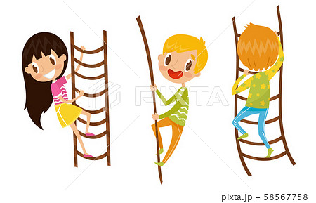Children Climbing Up With Ropes And Rope-Ladders Vector Illustration Set 58567758