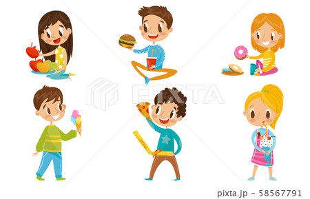 Children Eating Different Kinds Of Fastfood Vector Illustration Set 58567791