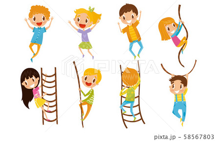 Children In Activities With Ropes And Rope-Ladders Vector Illustration Set 58567803
