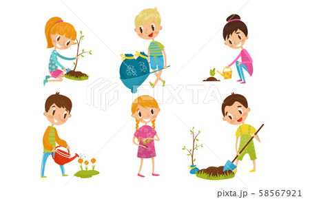 Teenagers At Work Of Garden Planting With Trees And Flowers Vector Illustrations Set 58567921