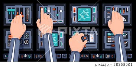 Spaceship control panel with hands of pilots Spaceship control panel with hands of pilots 58568631
