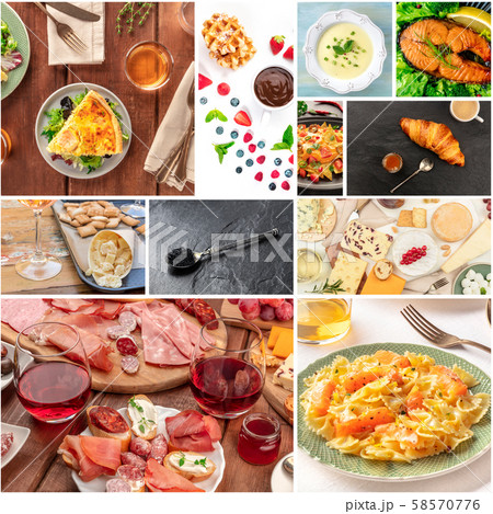 Food Collage. Many photos of tasty dishes, a square design template for a banner, flyer, or Food Collage. Many photos of tasty dishes, a square design template for a banner, flyer, or 58570776