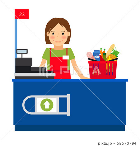 Cashier woman and shopping cart 58570794