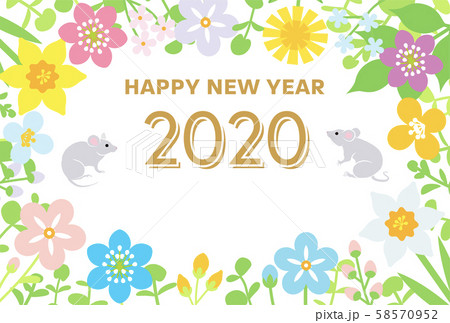 2020年 子年年賀状 ネズミと春の草花のフレーム 横位置 2020年 子年年賀状 ネズミと春の草花のフレーム 横位置 58570952