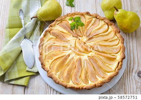 Home baked French style dessert pear tart with curd cheese 58572751