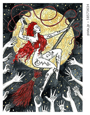 Witch sitting on broomstick flying against full moon and hands of inquisitors Witch sitting on broomstick flying against full moon and hands of inquisitors 58573634