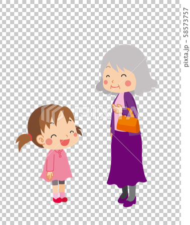 笑顔でお喋りする小さな女の子とシニア女性のイラスト素材