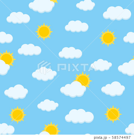 Sunny day sky cute vector seamless pattern with fluffy clouds and shining sun. 58574497