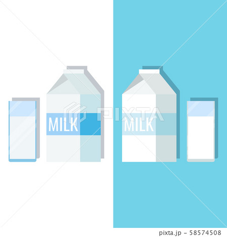 Set images paper white and blue packaging and glass of milk. 58574508