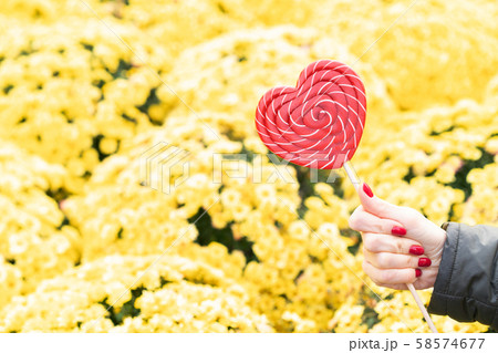 Female hand with beautiful red manicure holds a big red heart-shaped lollipop Female hand with beautiful red manicure holds a big red heart-shaped lollipop 58574677