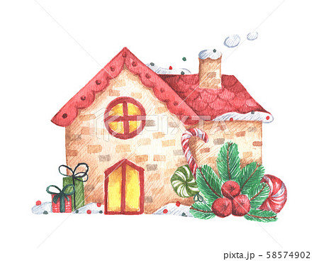 Winter illustration with houses isolated on white background. Watercolor Christmas card for invitations, greetings, holidays and decor. Winter illustration with houses isolated on white background. Watercolor Christmas card for invitations, greetings, holidays and decor. 58574902