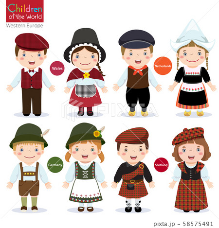 Kids in different traditional costumes (Wales, Netherlands, Germany, Scotland) Kids in different traditional costumes (Wales, Netherlands, Germany, Scotland) 58575491