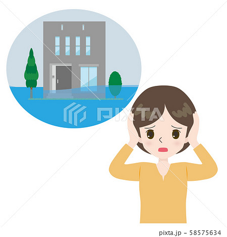 嘆く女性 冠水した住宅 嘆く女性 冠水した住宅 58575634