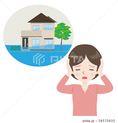 嘆く女性　冠水した住宅 58575635