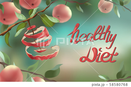 The illustration shows a red apple, which was cut in a spiral. This is a symbol of weight loss, diet, healthy eating, vegetarianism. An apple hangs on a branch of an apple tree. Against the background The illustration shows a red apple, which was cut in a spiral. This is a symbol of weight loss, diet, healthy eating, vegetarianism. An apple hangs on a branch of an apple tree. Against the background 58580768