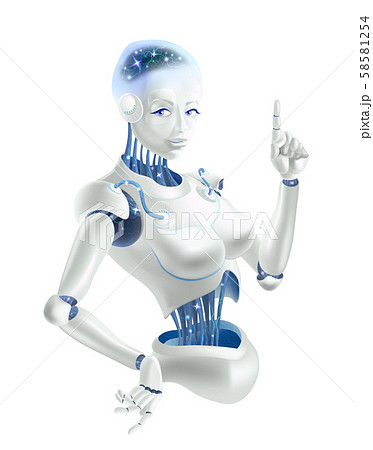 A robot woman holding an index finger up. Neurons are on the wires of the robot. A robot woman holding an index finger up. Neurons are on the wires of the robot. 58581254