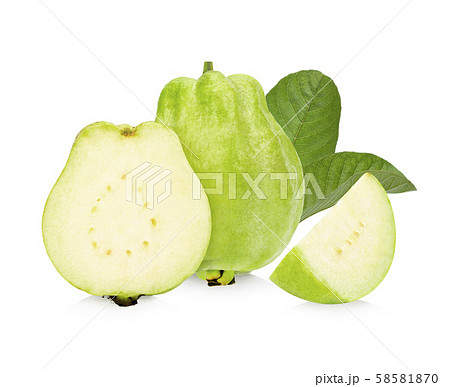 Guava fruit with leaves on  white background. 58581870