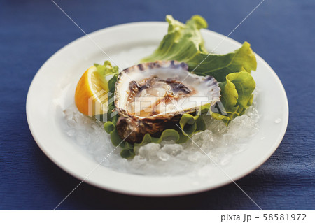 Oyster in shell on plate served with lemon Oyster in shell on plate served with lemon 58581972