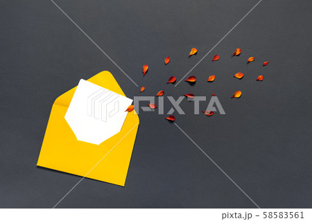 An envelope of orange color inside which is a blank white sheet of paper 58583561