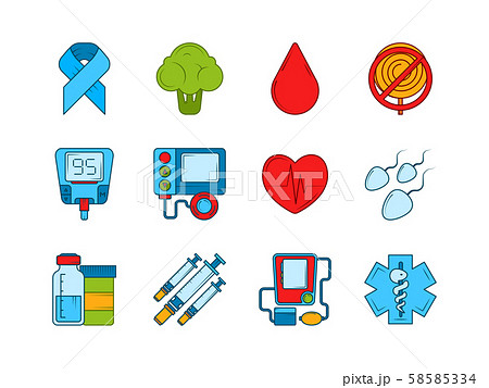 Diabetic medical symbols. Insulin, syringe and other medical icons set Diabetic medical symbols. Insulin, syringe and other medical icons set 58585334