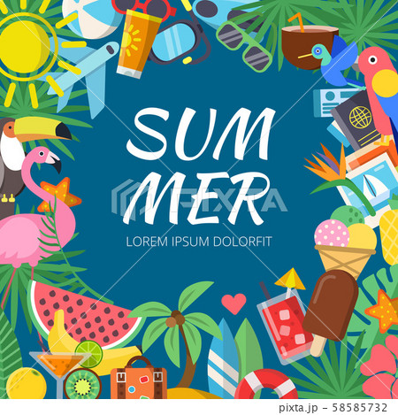 Summer background with various travel pictures and tropical flowers Summer background with various travel pictures and tropical flowers 58585732