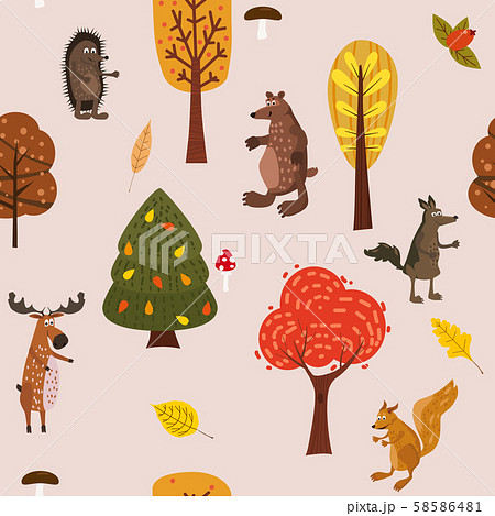 Autumn forest cute animals seamless pattern with trees leaves trendy flat cartoon style Autumn forest cute animals seamless pattern with trees leaves trendy flat cartoon style 58586481